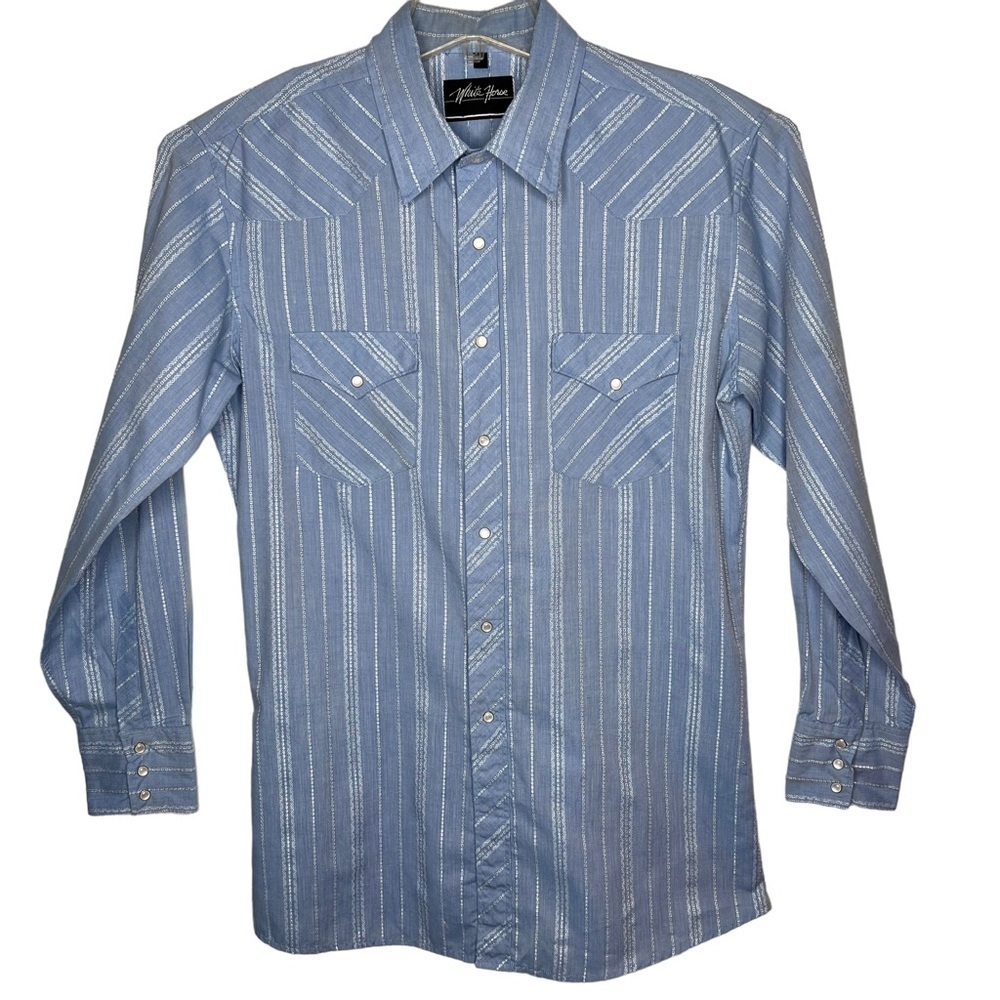 White Horse Light Blue Striped Western Pearlescent Button Long Sleeve Shirt L